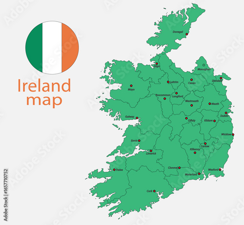 Ireland Unfolded Political Map & States Keywords Collection. Vector illustration.