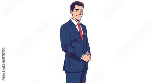 Confident Cartoon Businessman Standing Tall, Ready to Lead with Elegance and Charisma in Professional Attire on a Clean White Backdrop