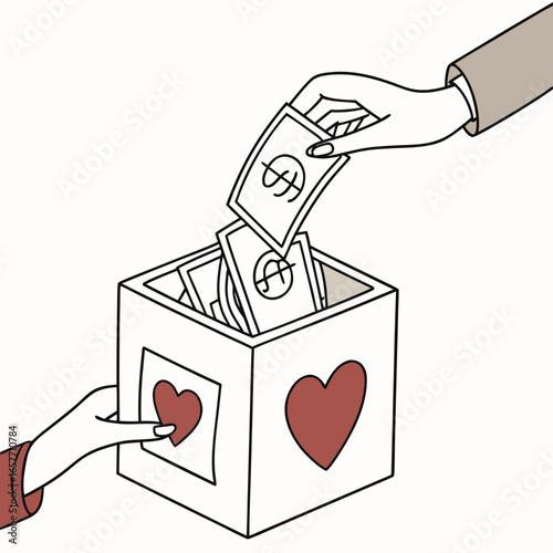 Hands donating money into heart decorated box donation