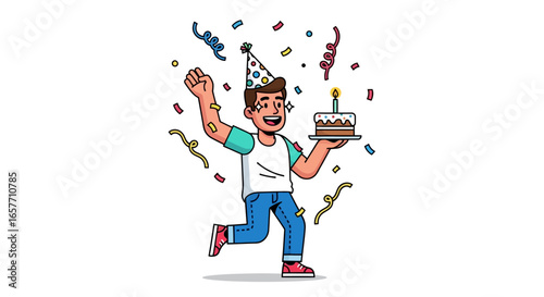 Celebratory birthday vector illustration featuring a joyful character with cake and confetti adding festive flair to the whimsical design