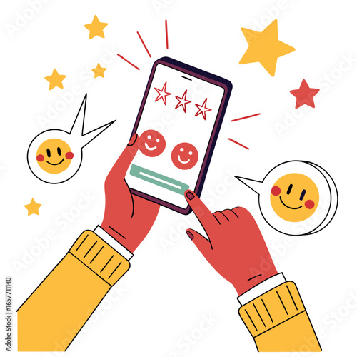 Hands submitting feedback on smartphone review stars