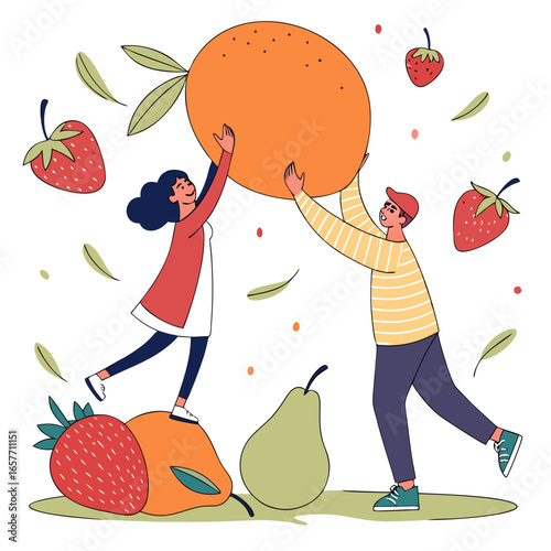 Happy couple holding giant orange with fruits vector