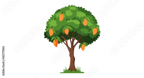 Whimsical mango tree illustration featuring ripe fruits amid lush foliage against a clean white backdrop creating serene and appealing image