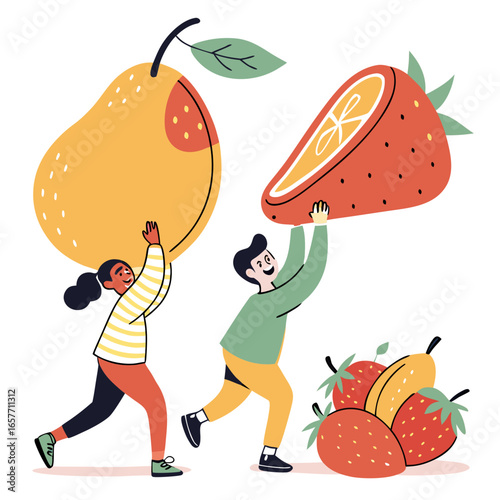 Happy people carrying giant fruits strawberry pear