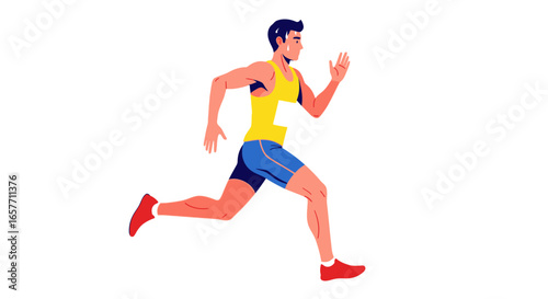 Animated depiction of a male athlete engaged in a running sprint on a white background emphasizing speed and motion