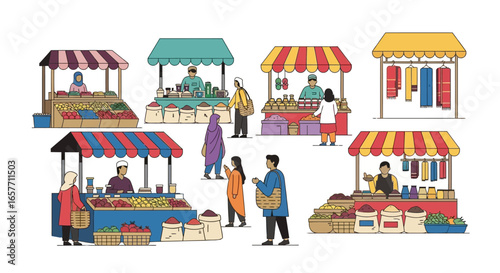 Vibrant and Diverse Market Scene with People Shopping at Various Stalls Offering Goods and Products