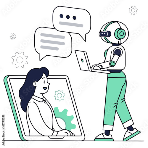 Human and robot conversing with chat bubbles and laptop