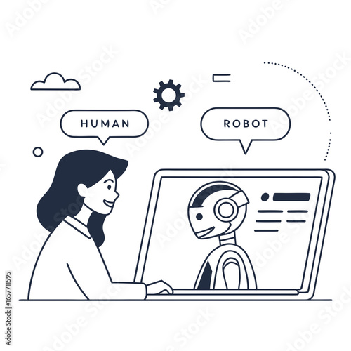 Human interacting with ai robot on laptop artificial intelligence