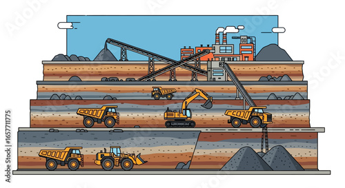Simplified illustration of a tiered open-pit mine featuring heavy machinery and industrial infrastructure for resource extraction