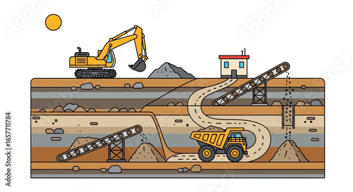 Illustrated depiction of an open-pit mining operation with various equipment and geological strata representing resource extraction activities