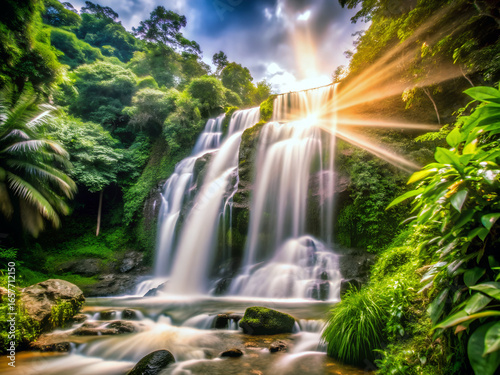 Stunning waterfall with lush rainforest and golden sun rays