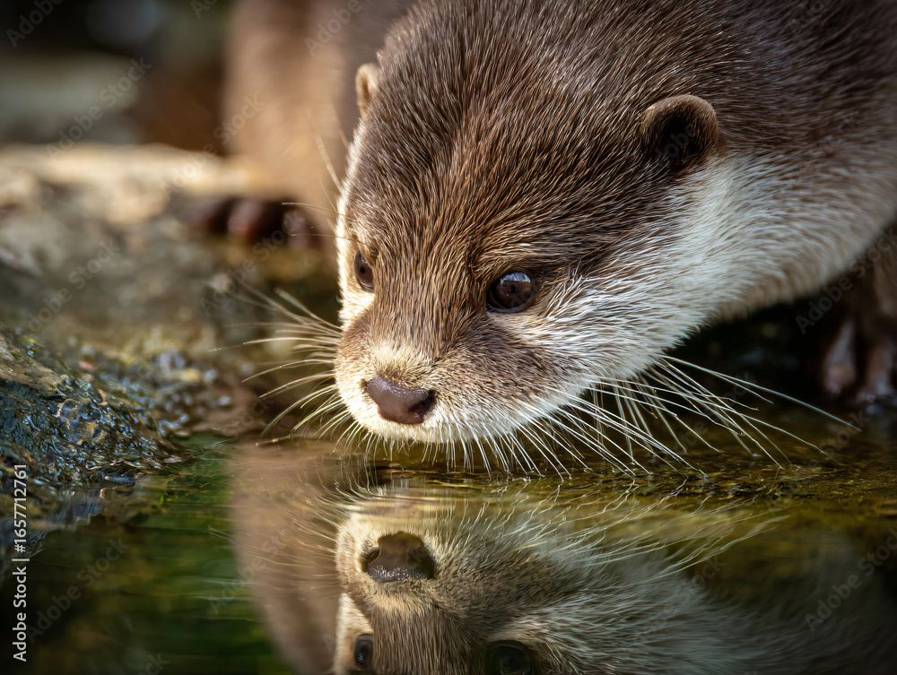 Fototapeta premium Otter Water Reflection Mammal Wildlife Animals Nature Playful Habitat Ecosystem Fur Cute Pond Wetland Curious Nose Everyday Scenery Furry Marine Environment Animalia Predator Moments Behavior Natural 