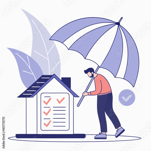 Man holding umbrella over house checklist protection