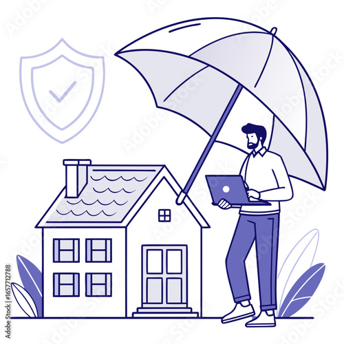 Man holding umbrella over house with laptop protection