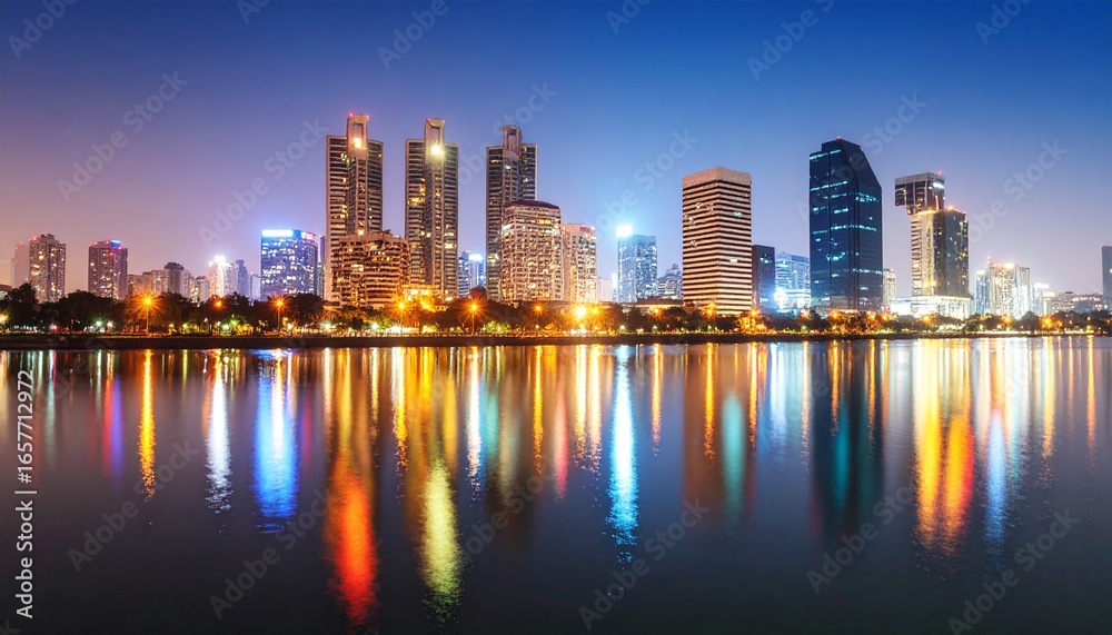 Fototapeta premium A vibrant cityscape at night, with illuminated skyscrapers reflecting beautifully in the calm water below.