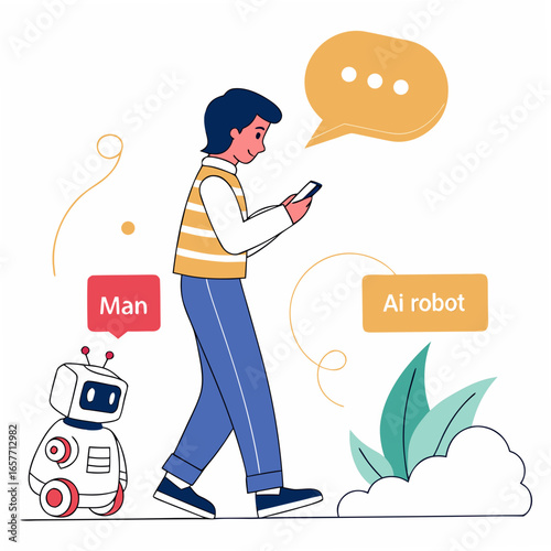 Man interacting with robot and speech bubble technology