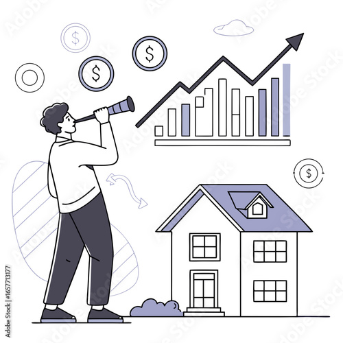 Man observing financial growth with house telescope
