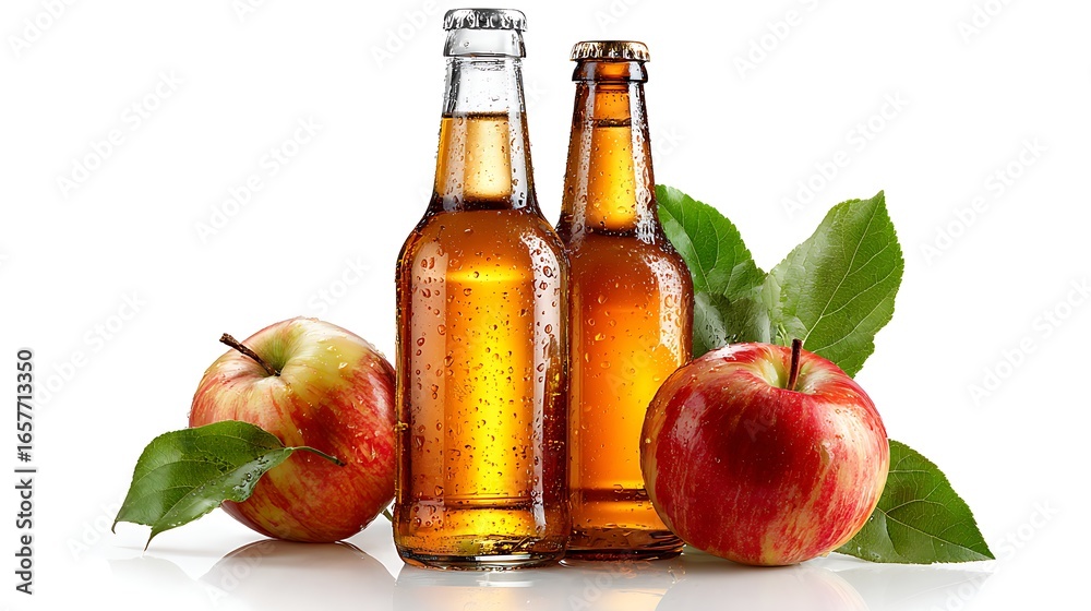 Naklejka premium Refreshing Apple Cider Two Glass Bottles, Water Droplets, Red Apples, Green Leaves