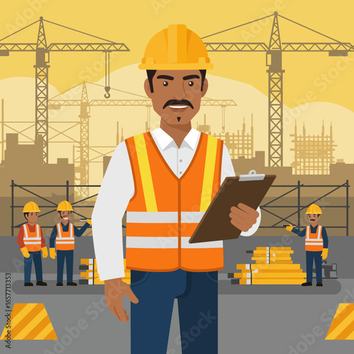 A professional male construction manager in a hard hat and safety vest confidently oversees a busy building site with cranes and workers.