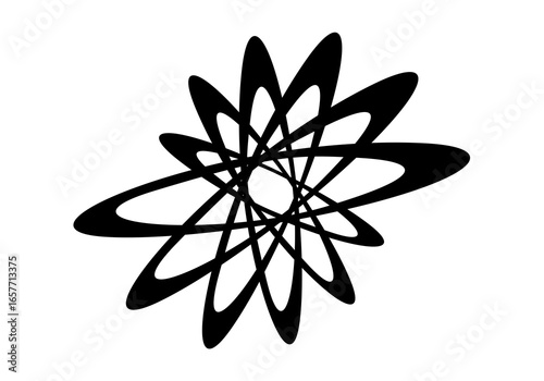 Modern abstract illustration of circular elliptical shapes that twist and overlap each other, forming a dynamic and symmetrical circular pattern.