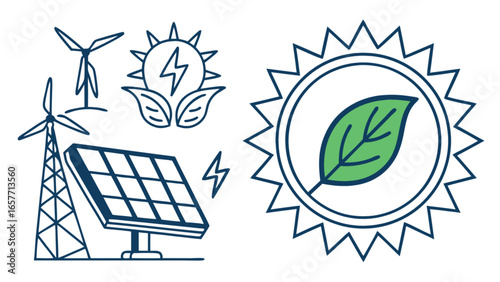 Renewable energy sources vector illustration featuring solar panels and wind turbines for eco friendly power generation