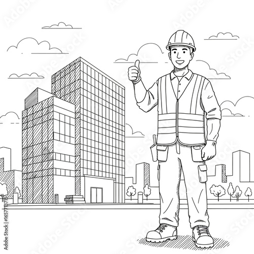 A confident male construction worker in a hard hat and safety vest gives a thumbs-up, standing proudly before a modern city building, symbolizing successful urban development.