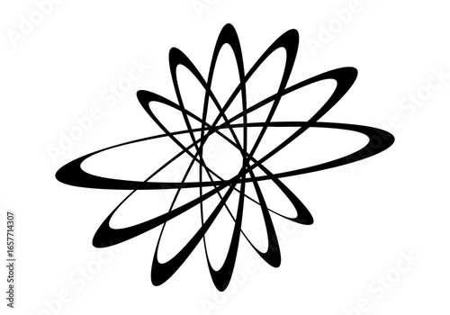 Modern abstract illustration of circular elliptical shapes that twist and overlap each other, forming a dynamic and symmetrical circular pattern.