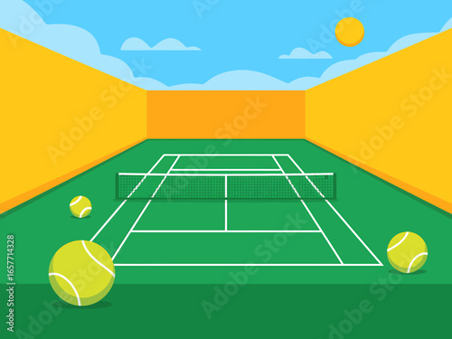 Tennis Court Illustration with Balls Sun and Clouds Colorful Sporting Scene for Graphic Design and Recreational Activities Depicting a Healthy Lifestyle