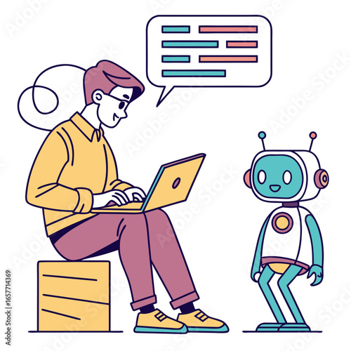 Man typing on laptop with friendly robot companion