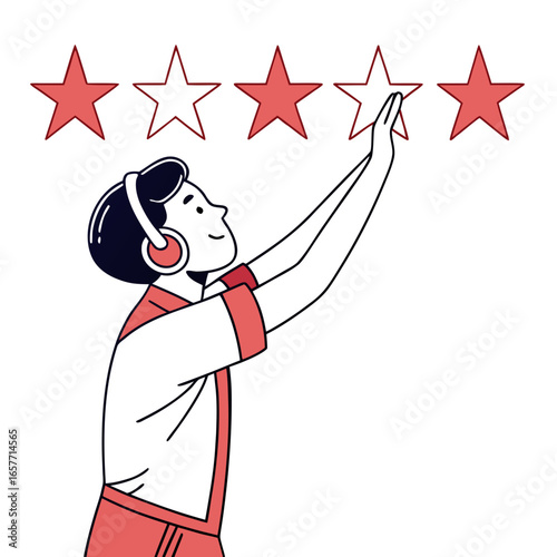 Man with headphones giving a star rating stars review