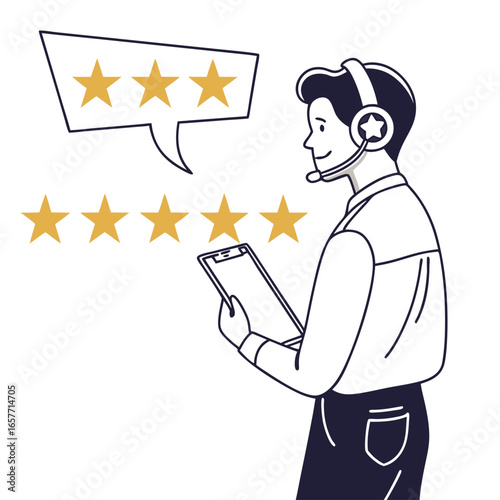 Man with headset giving feedback stars rating