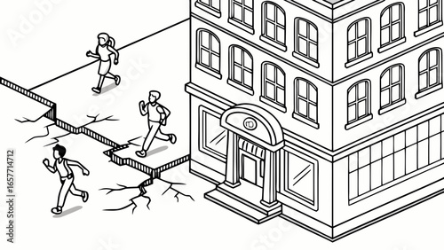 Illustration of people running from a building with cracks, conveying urgency and concern.