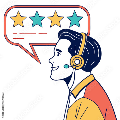 Man with headset giving three star rating stars customer service