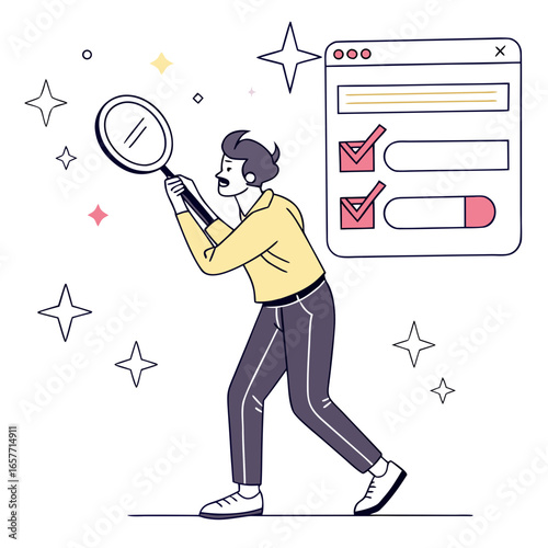 Man with magnifying glass examines search results data