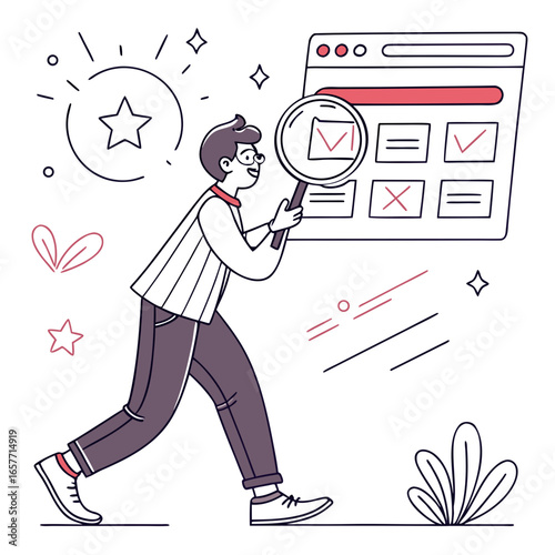 Man with magnifying glass reviewing search results