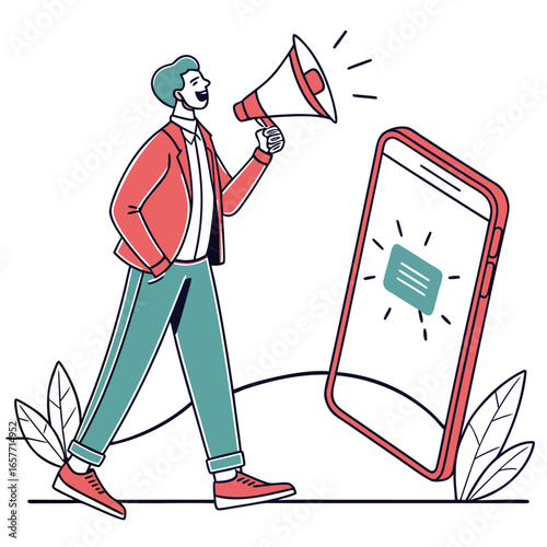 Man with megaphone announcing on smartphone announcement