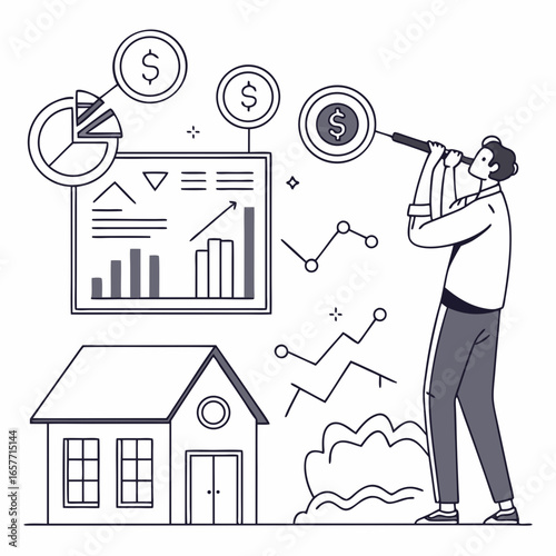 Man with telescope analyzing financial charts and house