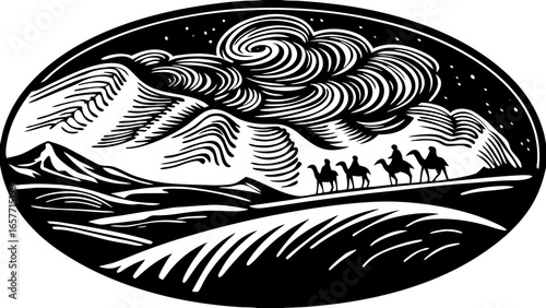A silhouette of four camels and their riders traversing rolling hills under dramatic clouds.