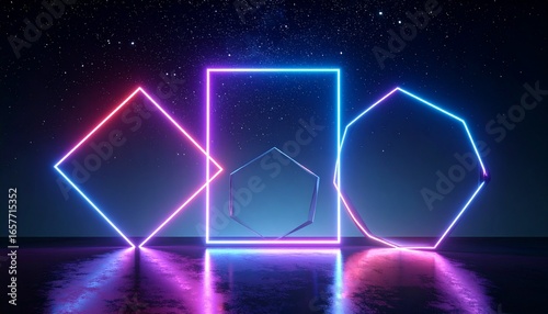 Wallpaper Mural Geometric shapes with neon lights in a dark, reflective environment with a starry sky. Torontodigital.ca