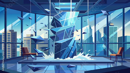 A striking blue-toned illustration of a futuristic office space featuring a shattered glass sculpture.