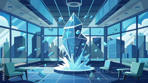 A striking abstract crystal installation in a modern office, reflecting light and creating a vibrant blue ambiance.