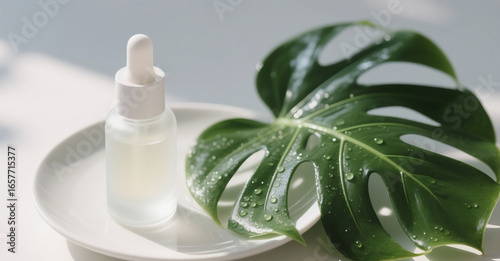 Minimalist Skincare Serum Bottle with Monstera Leaf and Water Droplets