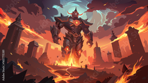A towering armored creature looms over a fiery, apocalyptic landscape, radiating power and menace in vibrant hues.
