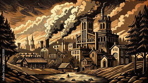 A dark, industrial landscape featuring smoke billowing from factories and a vintage architectural style.
