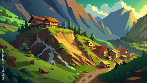 A tranquil mountainous landscape depicting a picturesque village nestled in green hills.