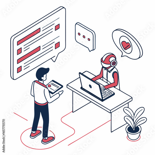 Office worker interacts with chatbot on white background