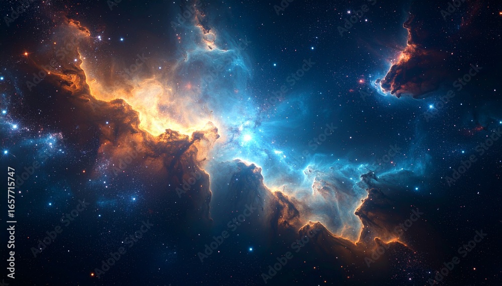 Naklejka premium Cosmic Nebula: A vibrant swirl of orange and blue interstellar gas and dust.