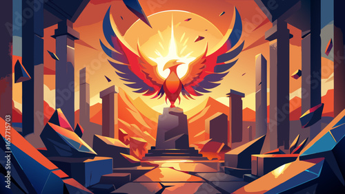 A majestic phoenix rises from its pedestal at sunset, surrounded by ancient ruins and vibrant colors.