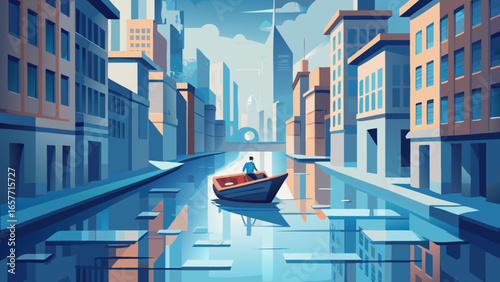 A solitary figure in a boat navigates a serene urban canal, reflecting the vibrant colors of the city buildings.