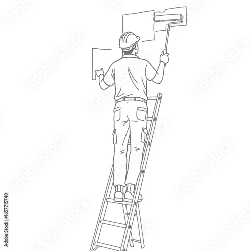 A professional painter wearing a hard hat diligently applies fresh paint to a wall using a roller while safely positioned on a sturdy ladder.